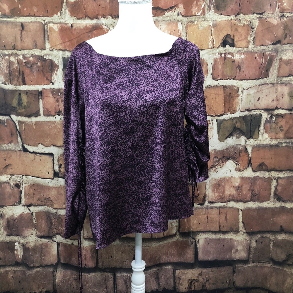 Halston Womens Purple 3.4 Ruched Sleeves Top - Si